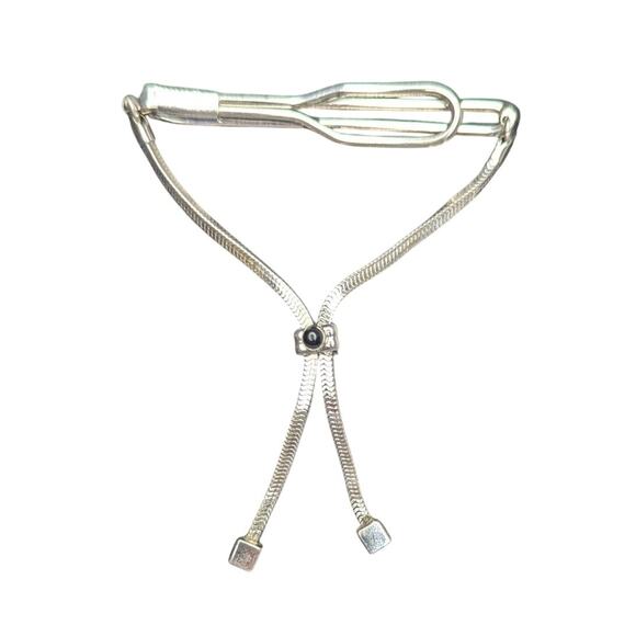 Vintage Swank Silver bolo style slide chain tie bar clip with black stone - Picture 3 of 6
